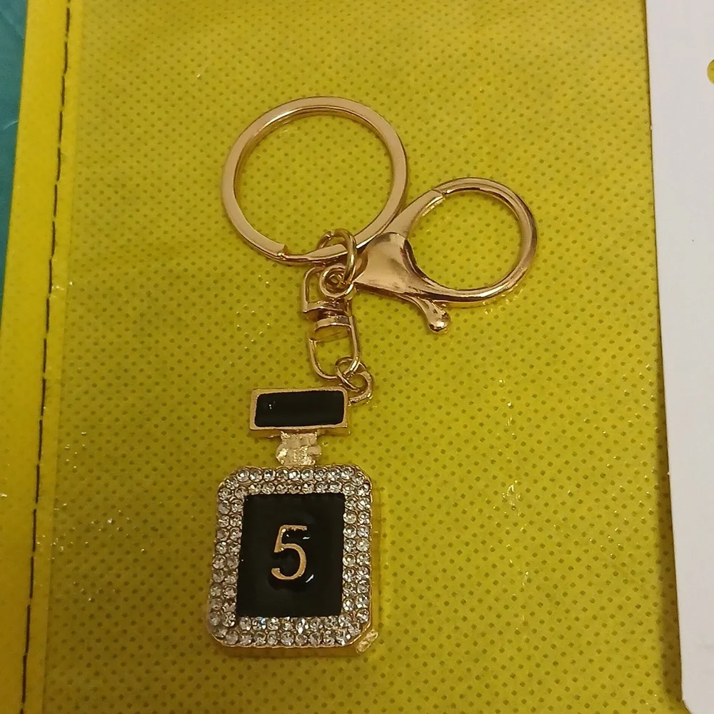 NUMBER 5 PARFUME BOTTLE, Elegant Black, Gold And Rhinestoned Bag Charm/Keychain